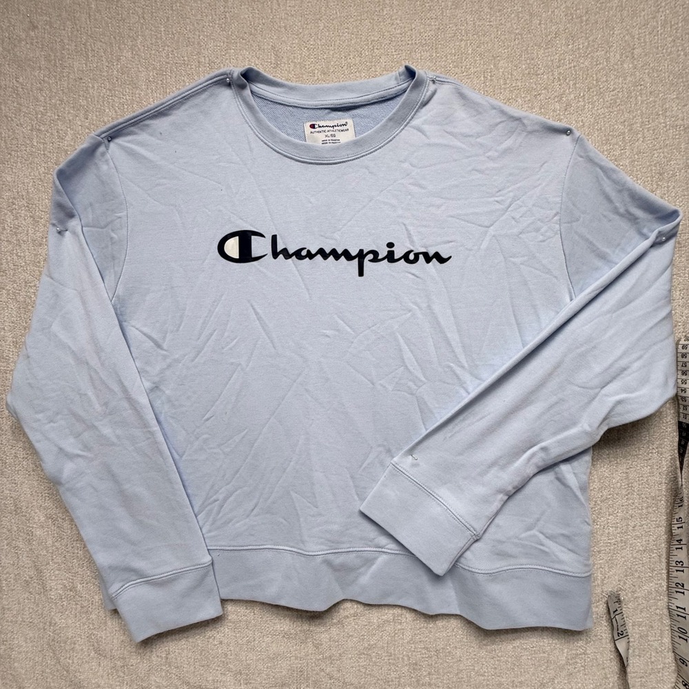 Champion Womens Light Blue Script Logo Crewneck Sweatshirt XL Relaxed Pullover